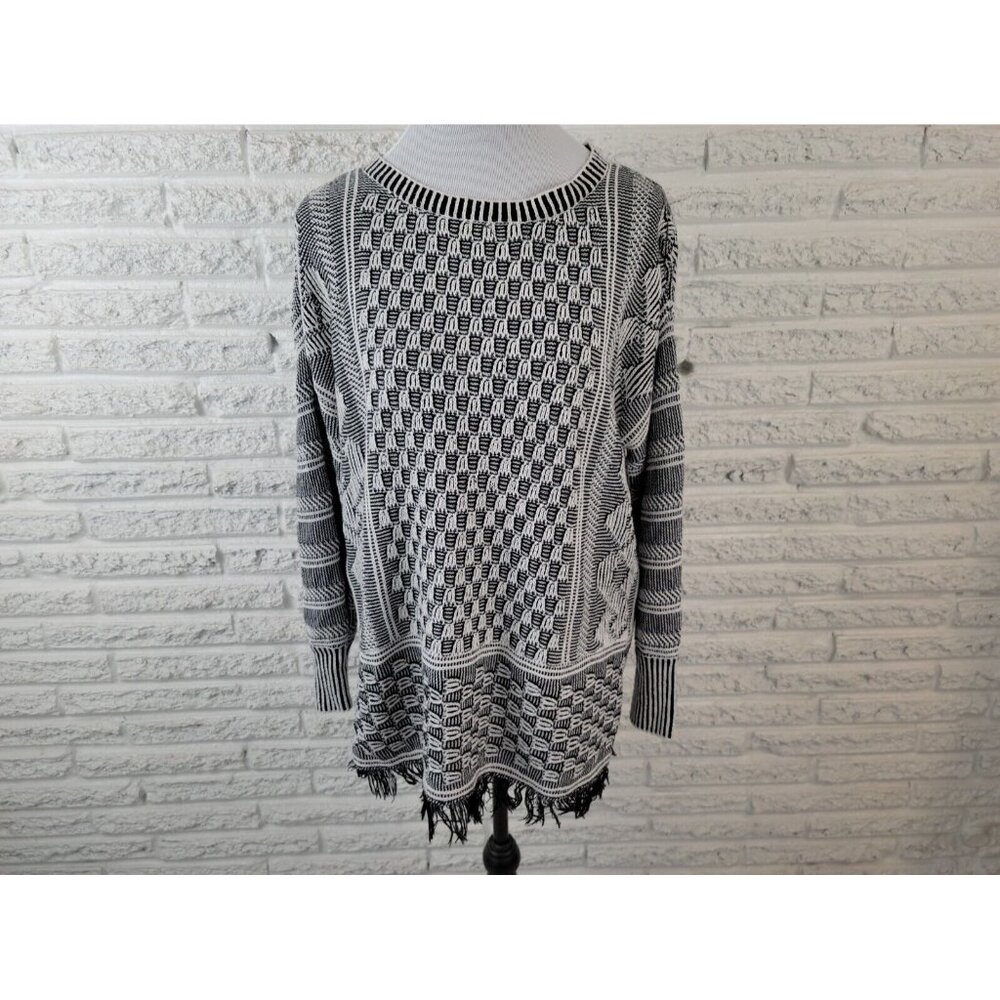 Chaus XL Sweater Black Geometric Cotton Knit Fringe Pullover Crew Neck SWE95E